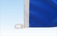 Bandeira publicitária de haste vertical 120 x 300 cm Longlife 115 g/m² - Impressão em um lado, fita de reforço e mosquetão à esquerda, corte térmico.